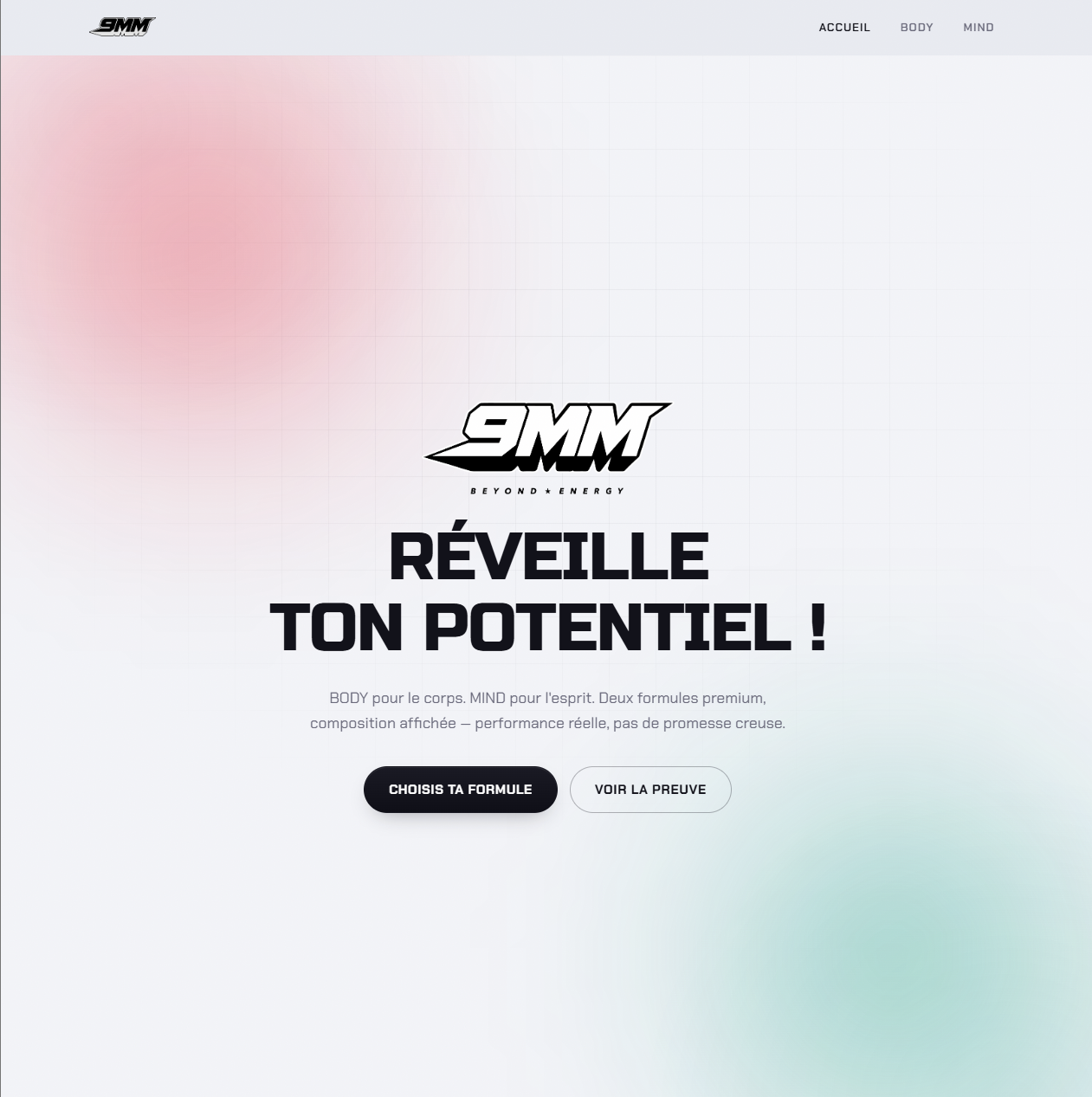 Aperçu du site 9MM sur navigateur desktop — logo chromé sur fond noir.
