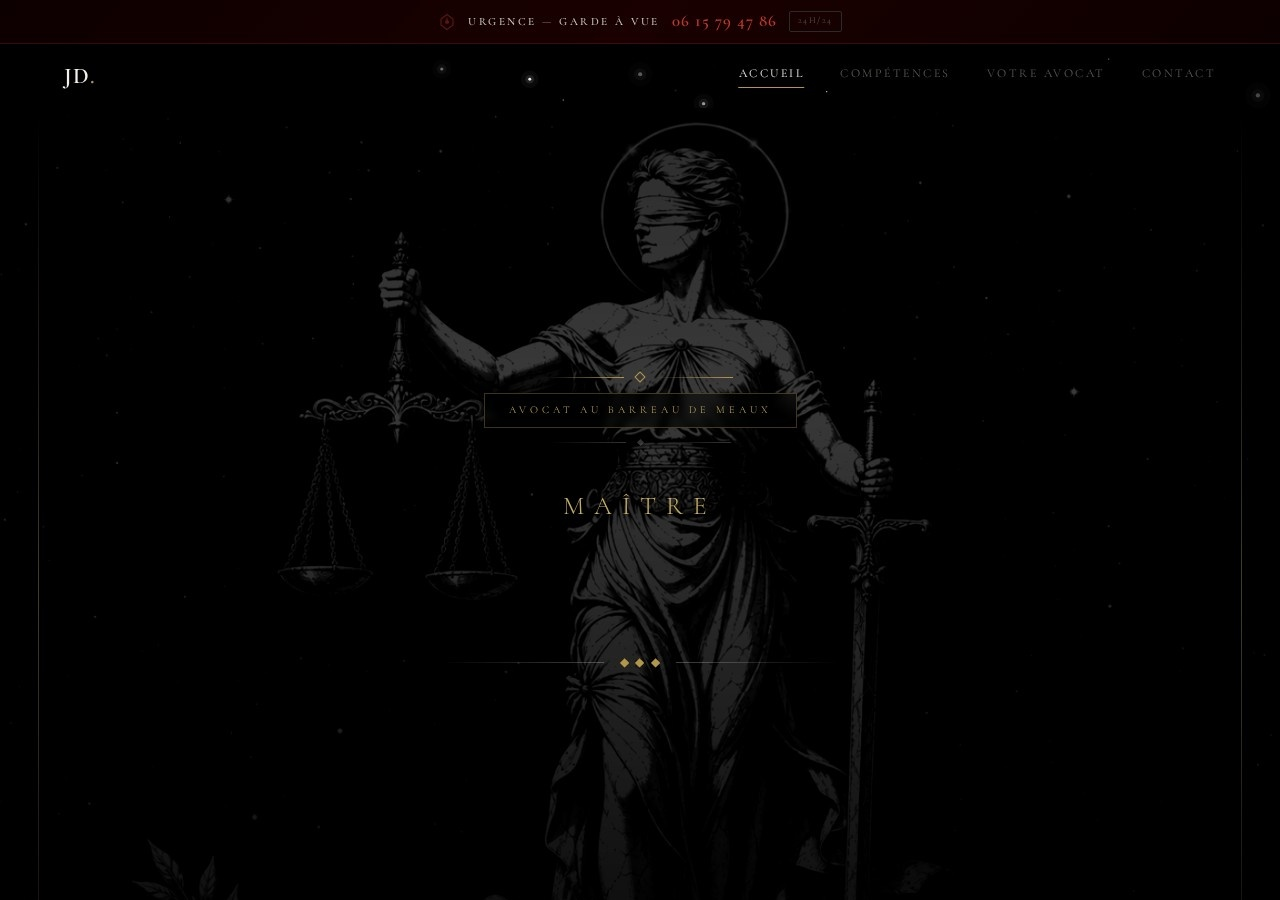 Aperçu du site du cabinet Maître Pérrot sur navigateur desktop — hero solennel, accents or.